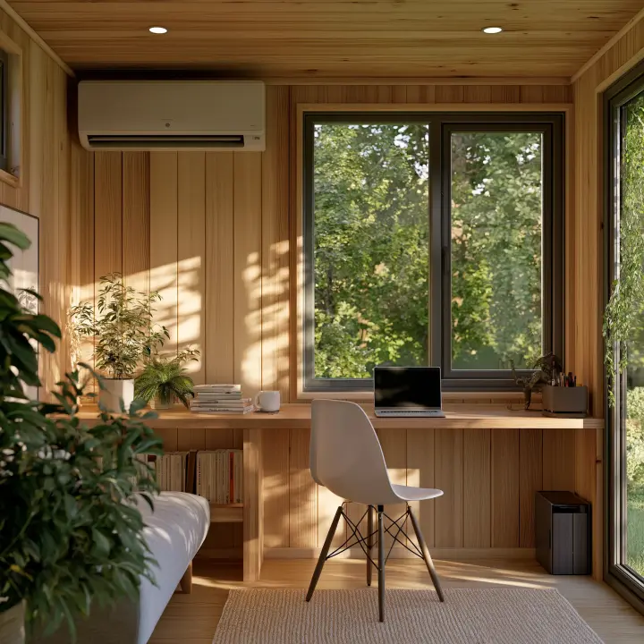 A timber garden studio among green planting
