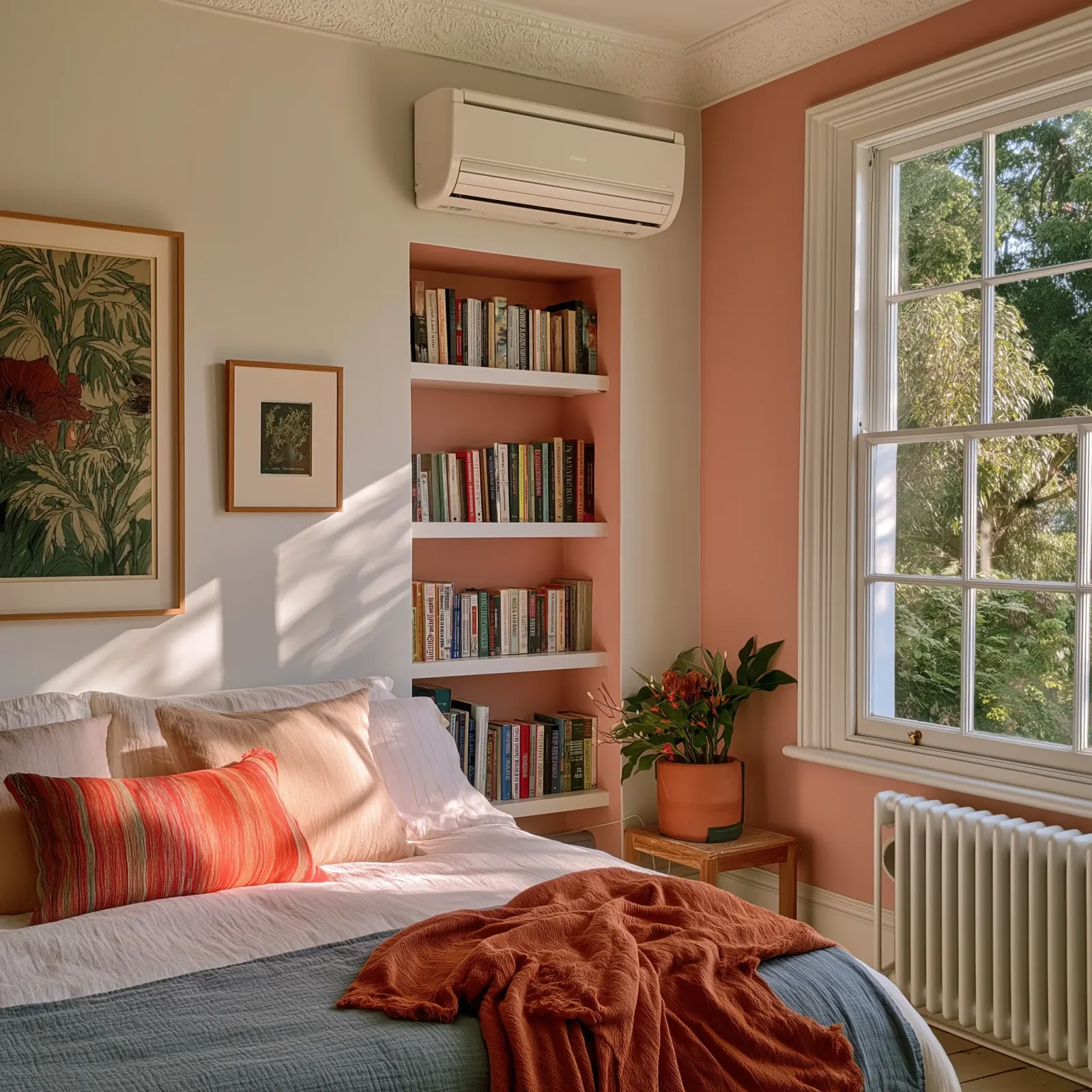 A colourful Bristol bedroom with a discreet wall-mounted air conditioning unit