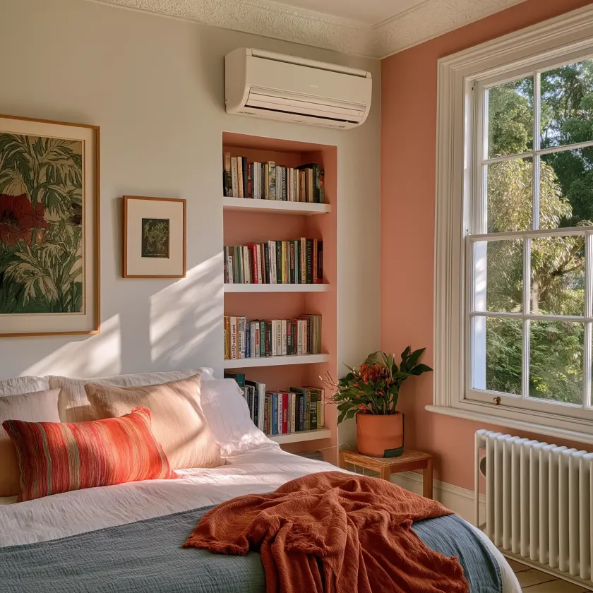 A colourful bedroom with a slim air conditioning unit
