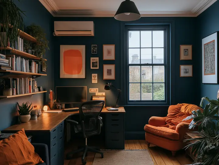 A dark blue home office with a slim air conditioning unit