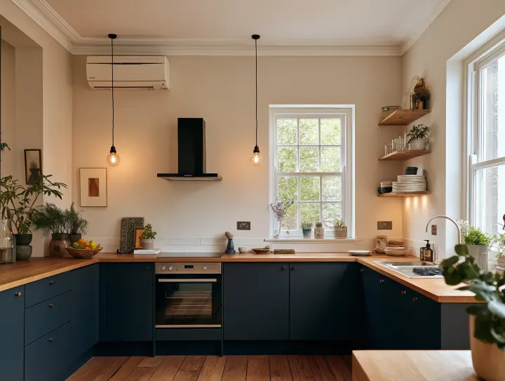 An open kitchen and lounge with a slim air conditioning unit
