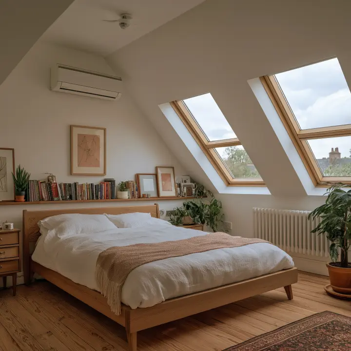 A bright loft bedroom with a discreet wall unit