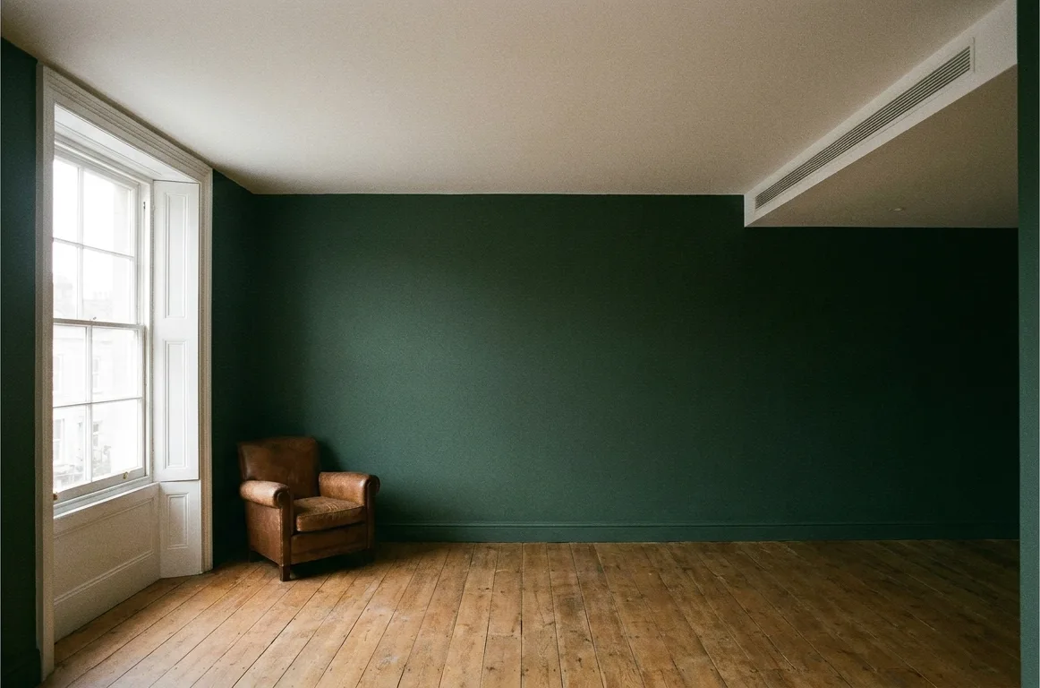 A finished room with a slim linear grille set into a dropped ceiling section and nothing mounted on the walls