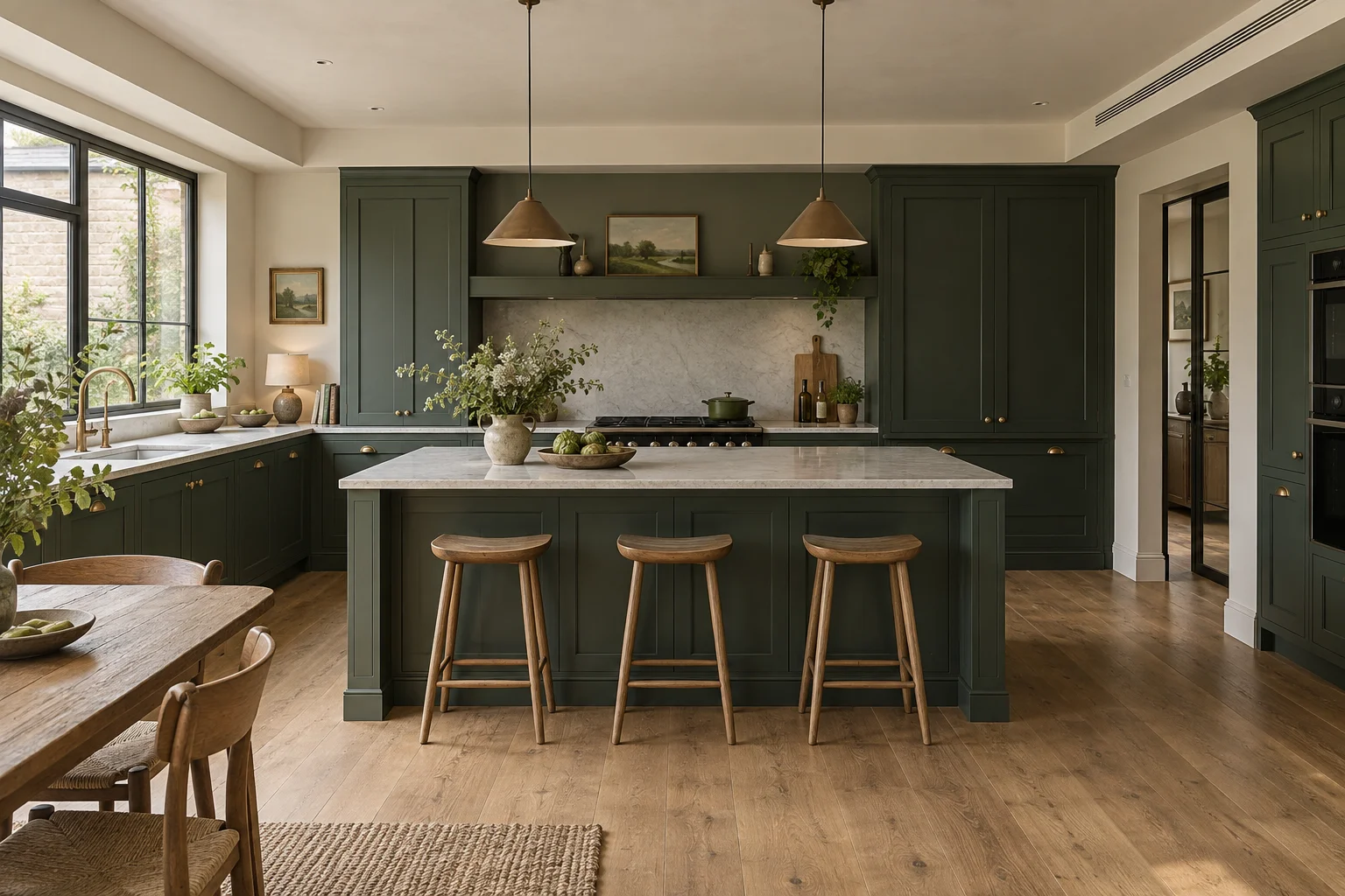 A finished green-and-oak kitchen with a slim air-conditioning grille integrated into the ceiling bulkhead