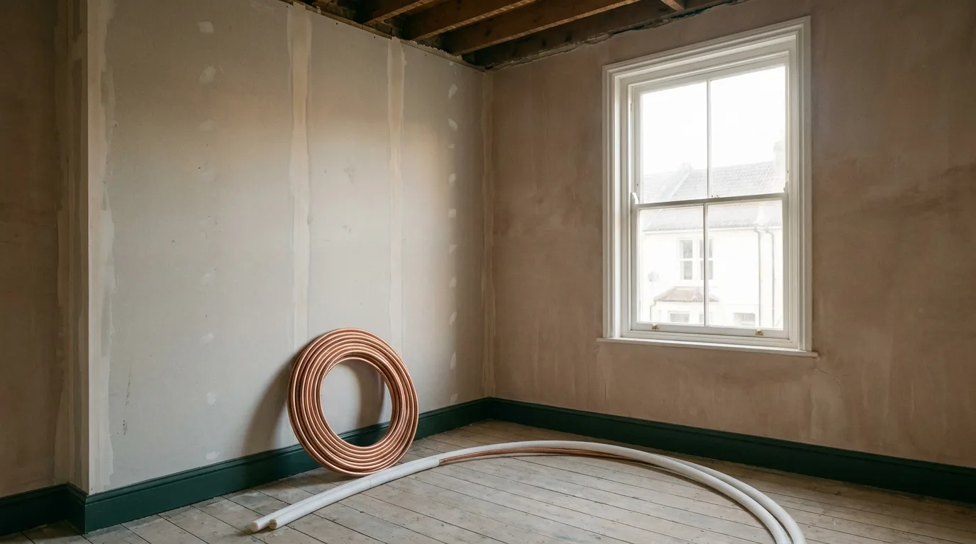 A renovation room open at first fix before the walls and ceiling close