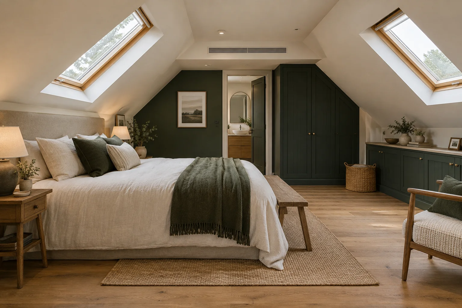 A finished loft bedroom with roof windows and a discreet air-conditioning grille above the doorway